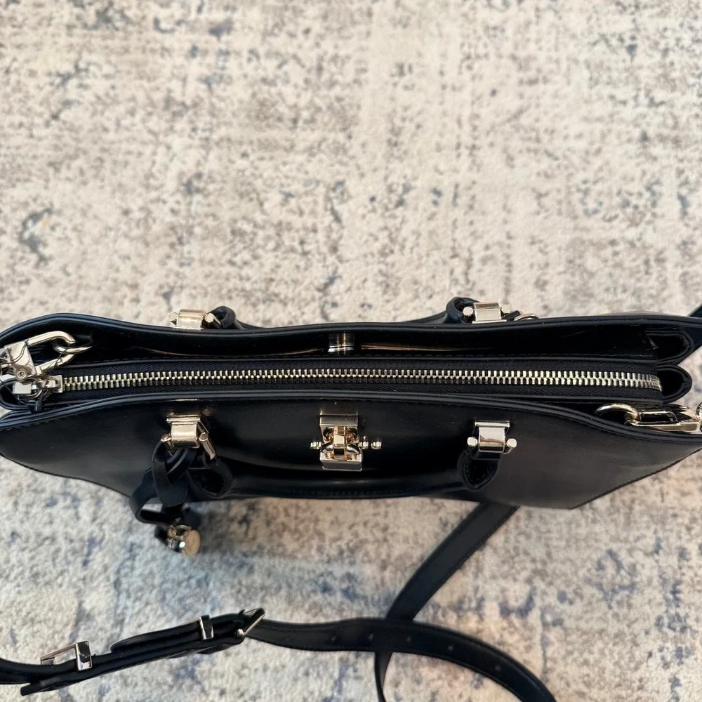 Guess Black Faux‎ Leather Satchel Crossbody Handbag Gold Hardware Lock Detail